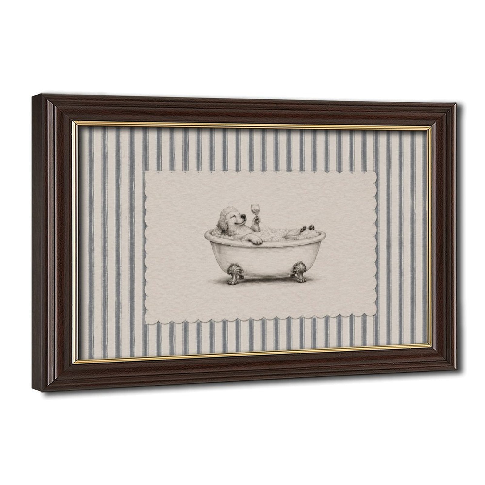 small dog sitting in a clawfoot bathtub in brown, cream, gray tones — Wood Grain Gold Frame HERO