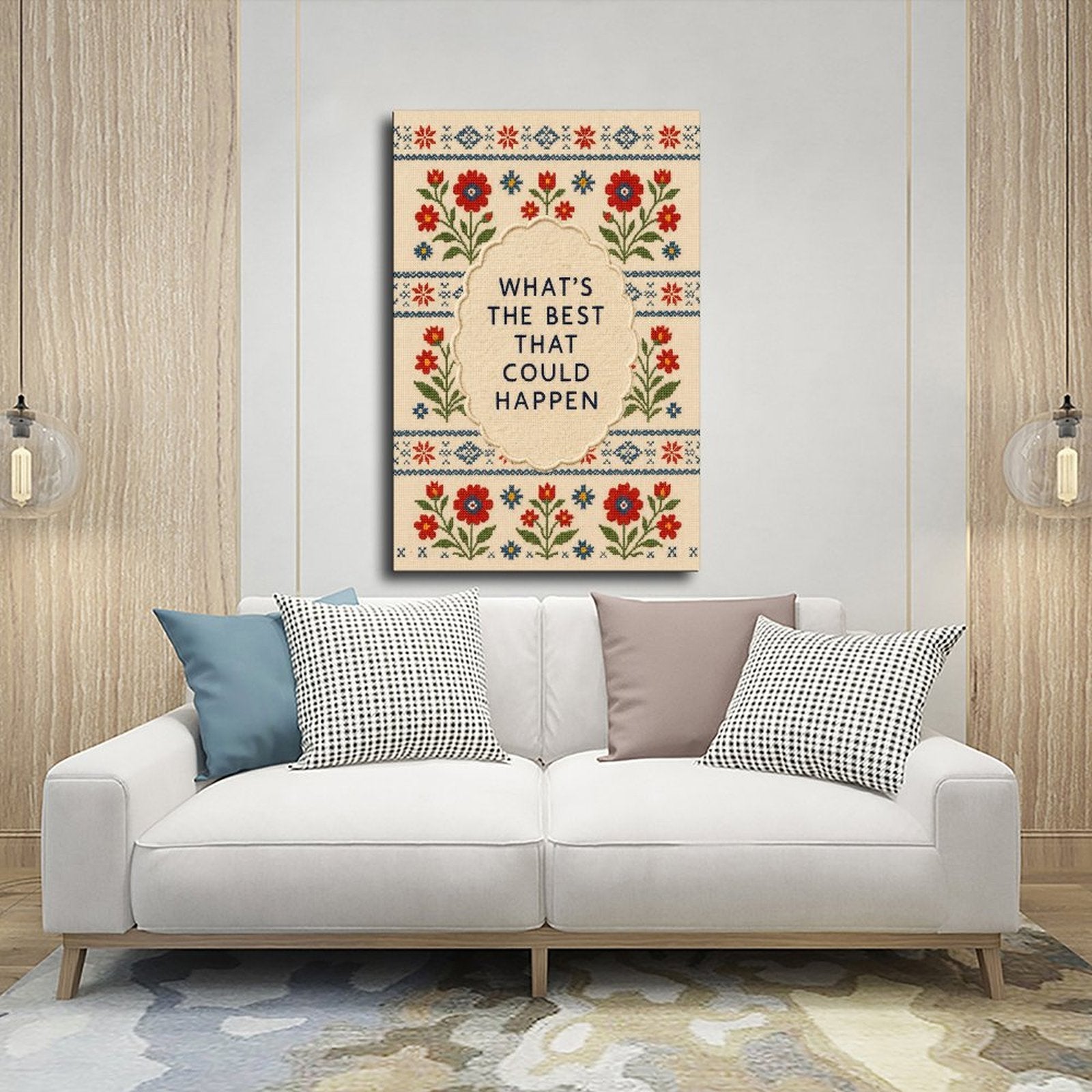 floral folk-art border around optimistic typography in red, blue, green tones — Wrapped Canvas SCENE_03