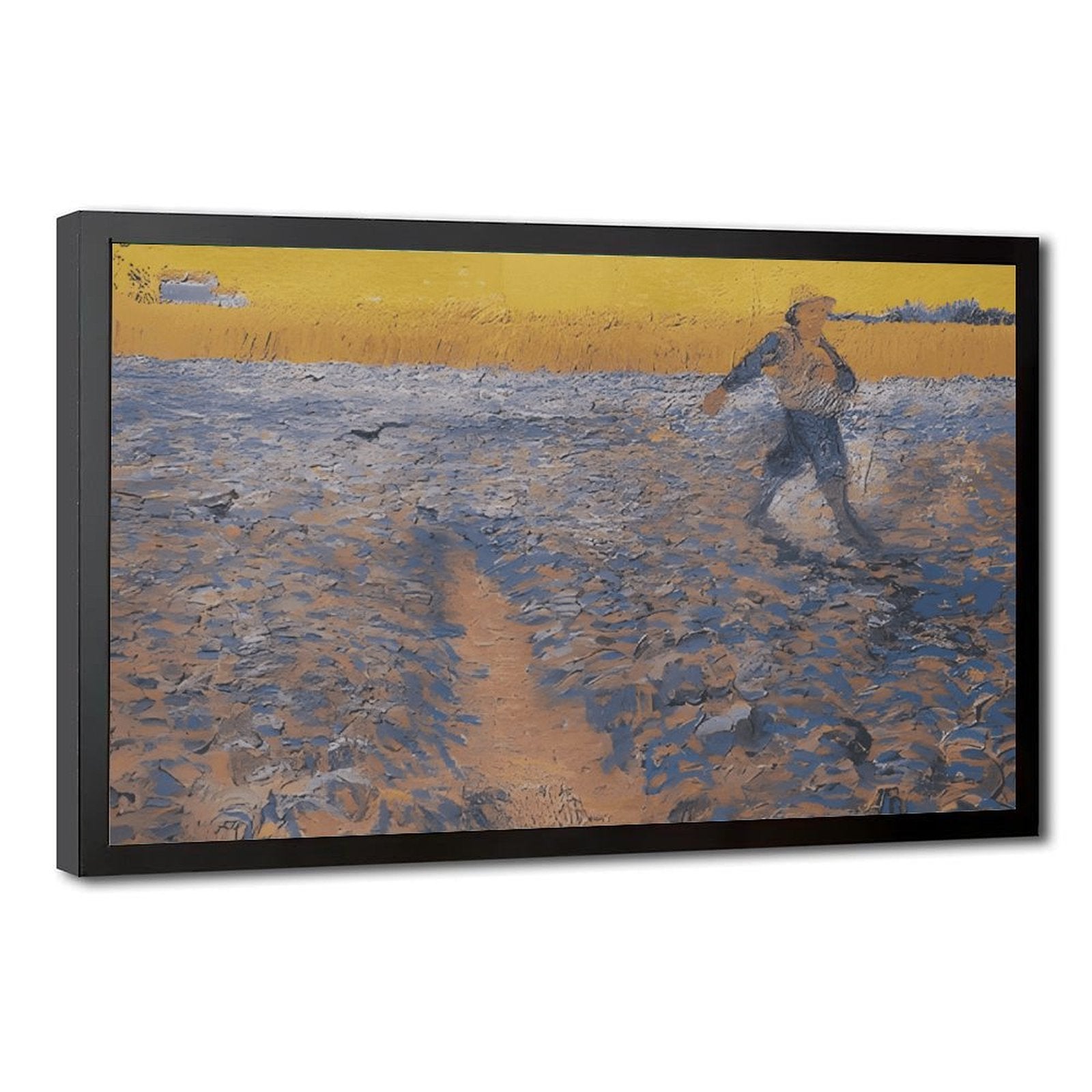 solitary person walking through a blue and gold field in expressive landscape painting style — Black Frame HERO