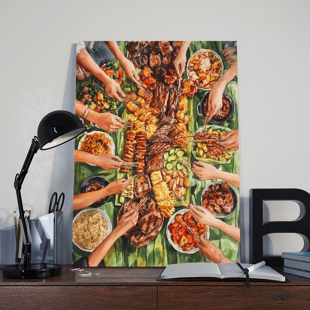 overhead table filled with a colorful shared meal in contemporary food illustration style — Wrapped Canvas SCENE_06