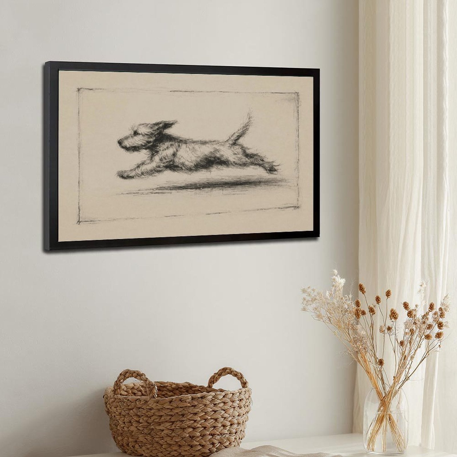 Charcoal sketch of a shaggy dog running across a warm cream background — Black Frame SIDE_DETAIL