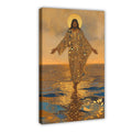 haloed sacred figure walking across reflective water in gold, deep blue, warm brown tones — Wrapped Canvas HERO