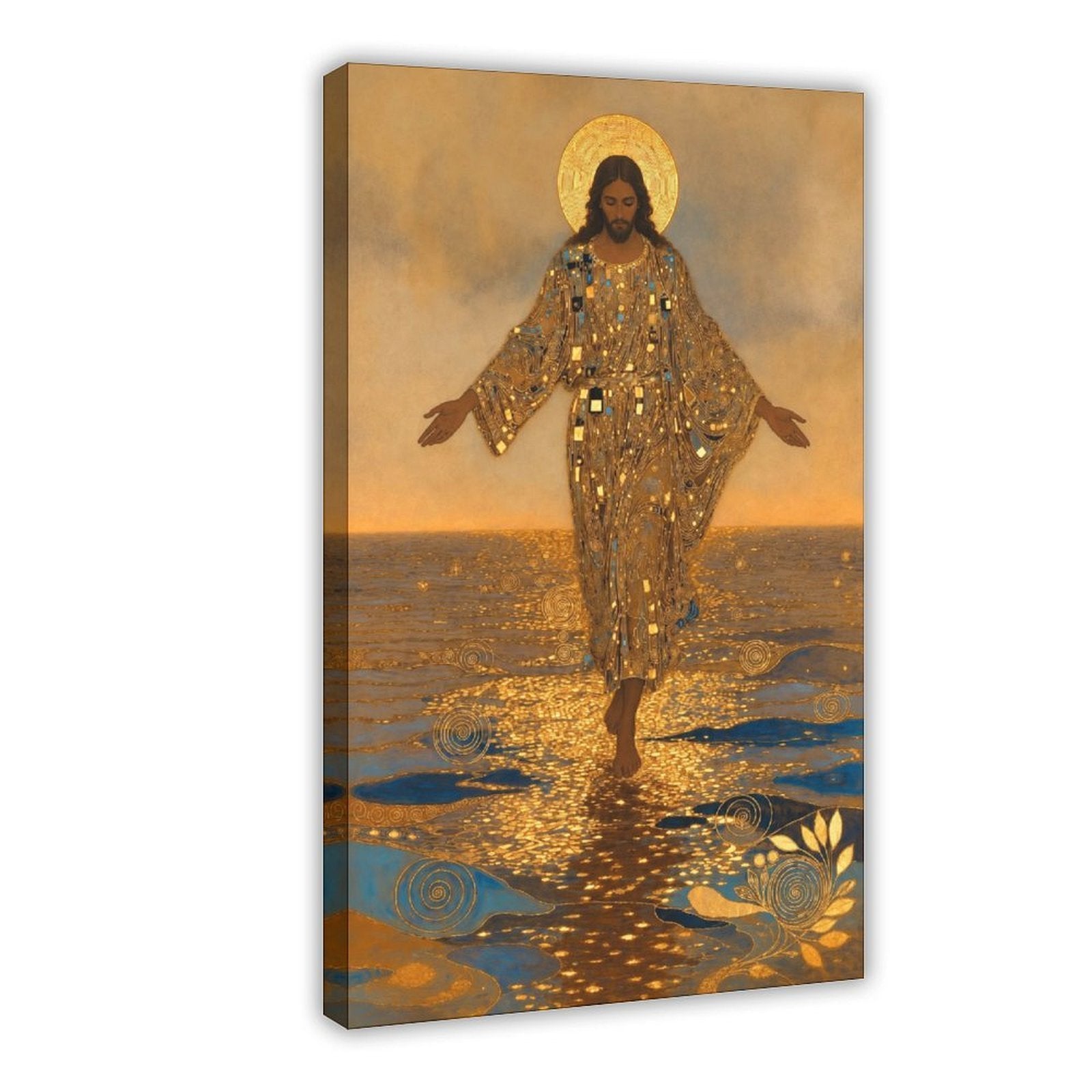 haloed sacred figure walking across reflective water in gold, deep blue, warm brown tones — Wrapped Canvas HERO