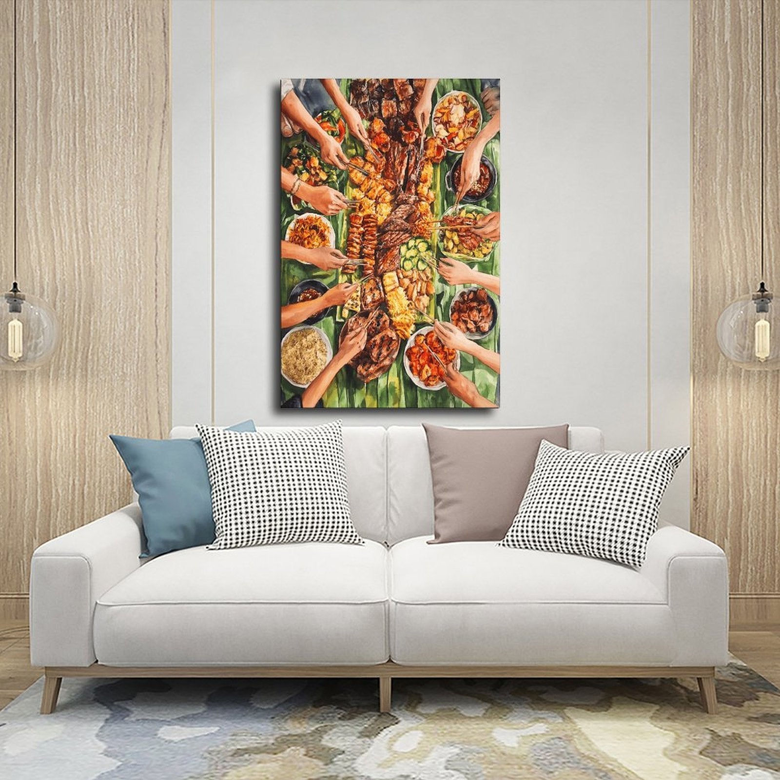overhead table filled with a colorful shared meal in contemporary food illustration style — Wrapped Canvas SCENE_03