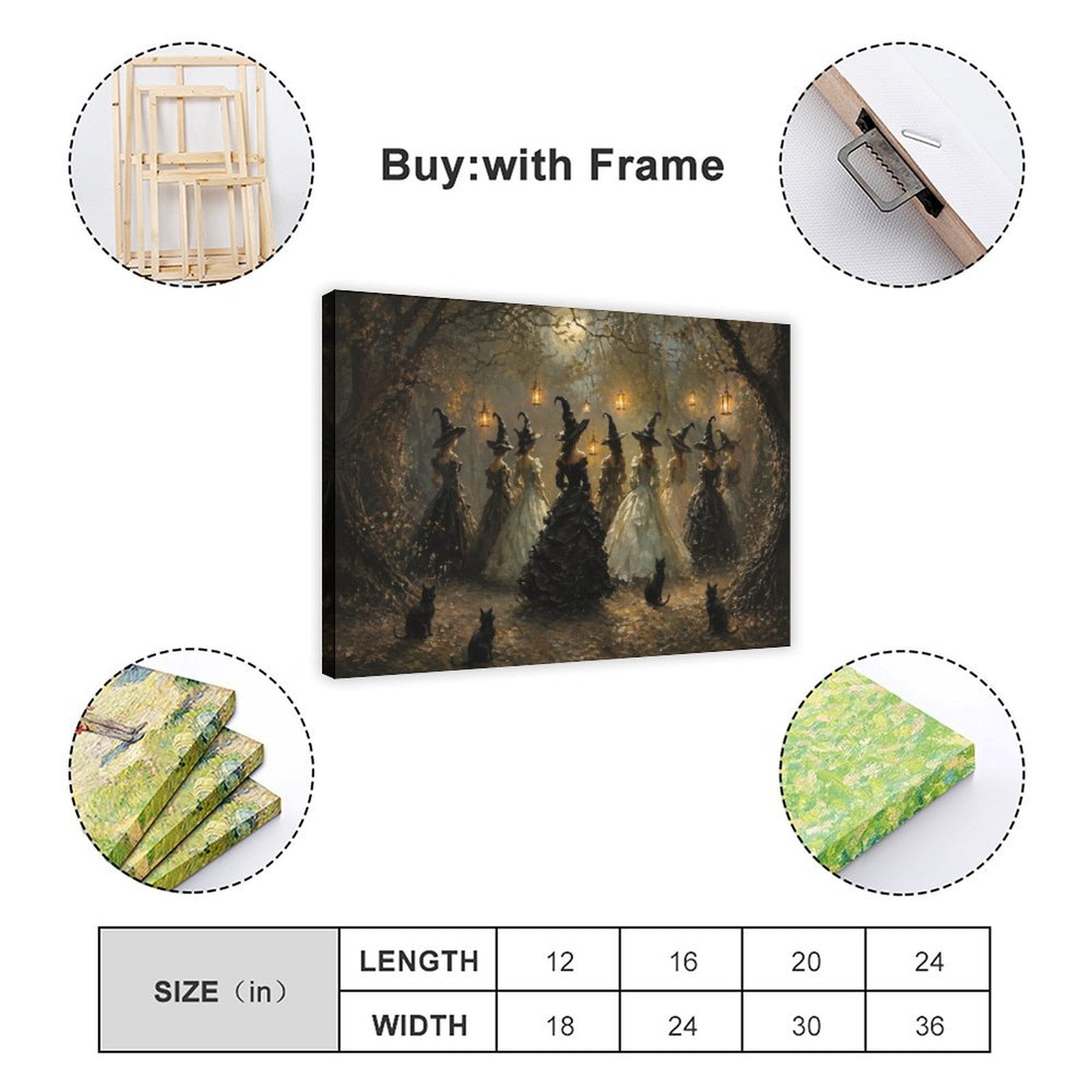 group of witches dancing in a moonlit woodland gathering in black, cream, gold tones — Wrapped Canvas SIZE_GUIDE