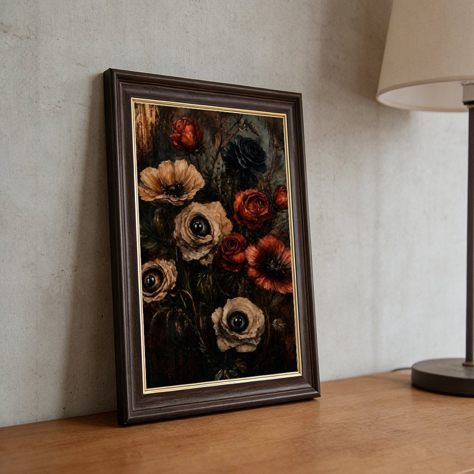 dark floral bouquet with realistic eyes in flower centers in black, deep red, taupe tones — Wood Grain Gold Frame SCENE_03