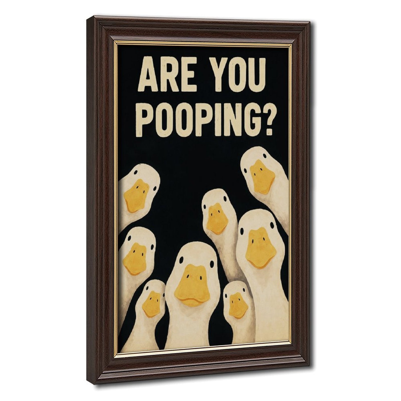 group of white ducks beneath bold bathroom typography in black, cream, yellow tones — Wood Grain Gold Frame HERO