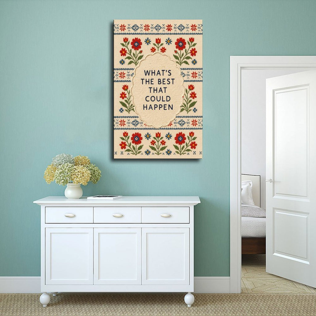 floral folk-art border around optimistic typography in red, blue, green tones — Wrapped Canvas SCENE_02
