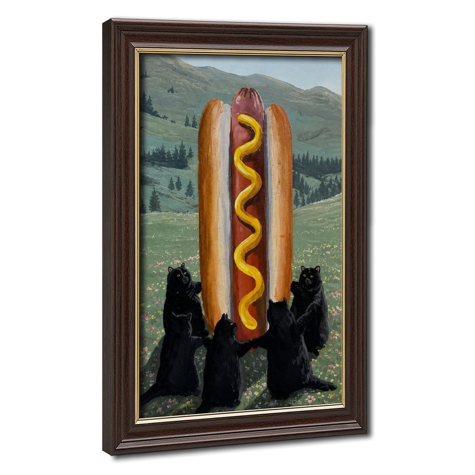 three black bears presenting a giant hot dog in a mountain meadow in green, black, red tones — Wood Grain Gold Frame HERO