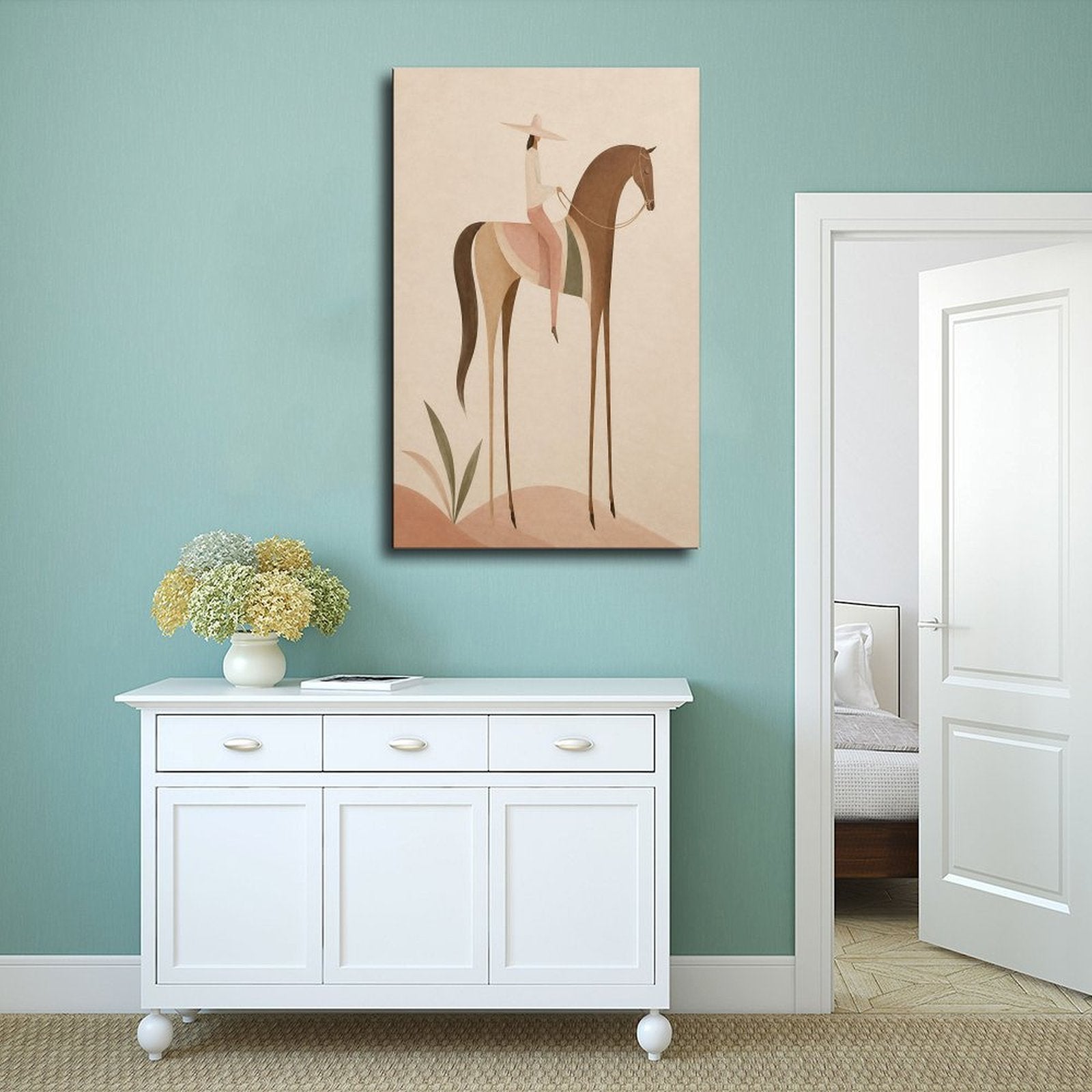 Soft Blush Long Horse canvas wall art featuring a graceful long-limbed horse in soft blush pink, warm beige, muted cream tones, displayed in the Wrapped Canvas style
