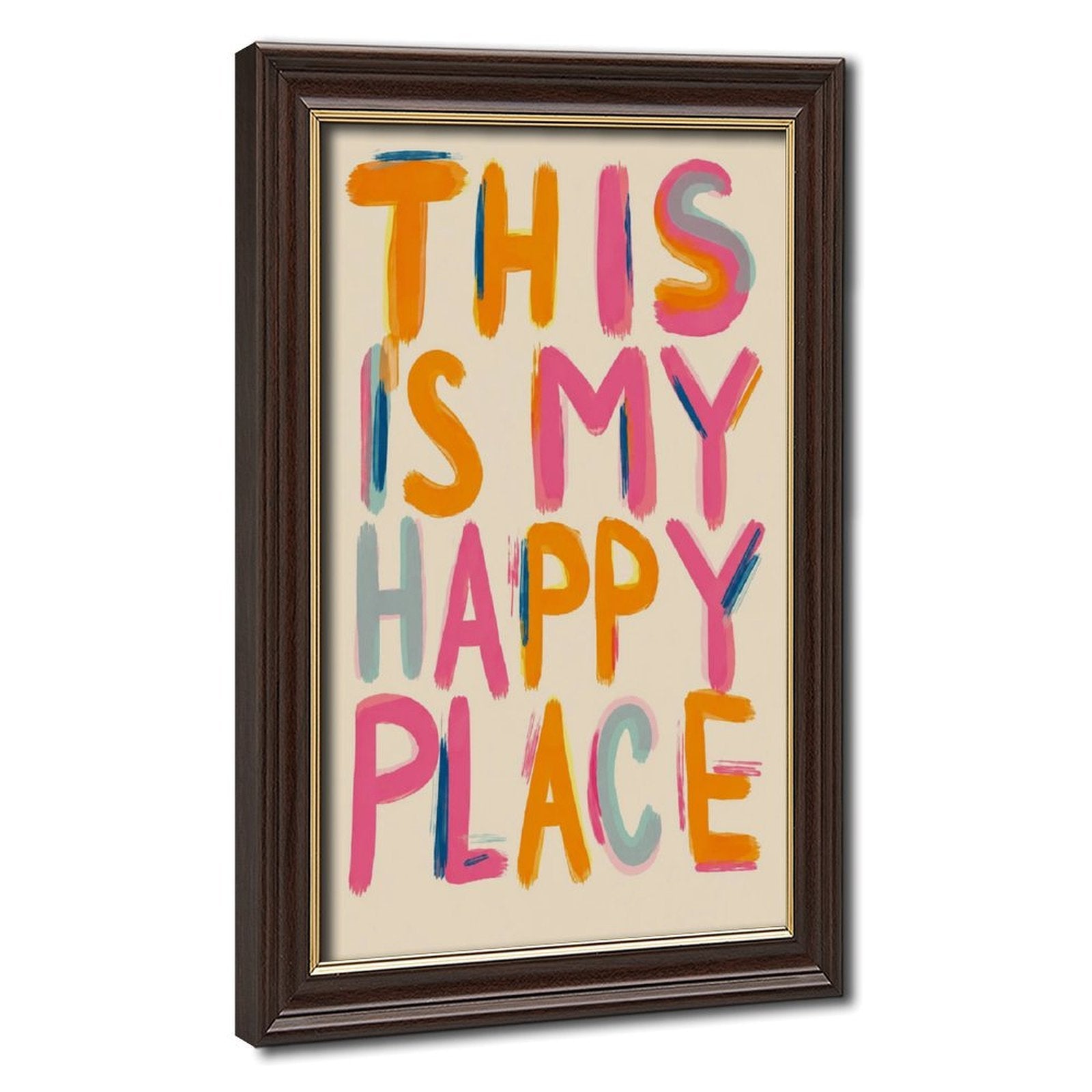 colorful hand-painted typography in orange, pink, aqua tones — Wood Grain Gold Frame HERO