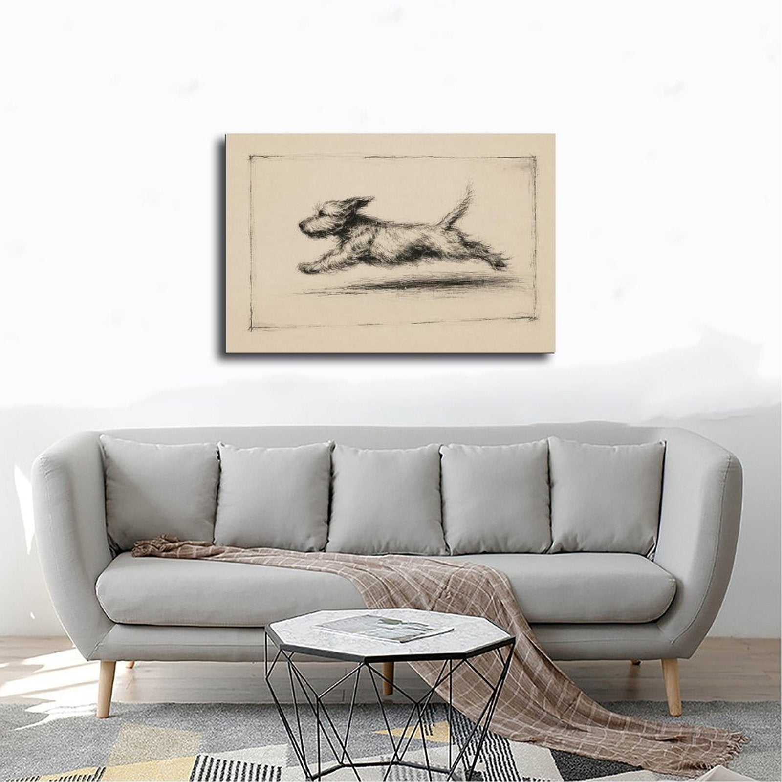 Charcoal sketch of a shaggy dog running across a warm cream background — Wrapped Canvas SCENE_02