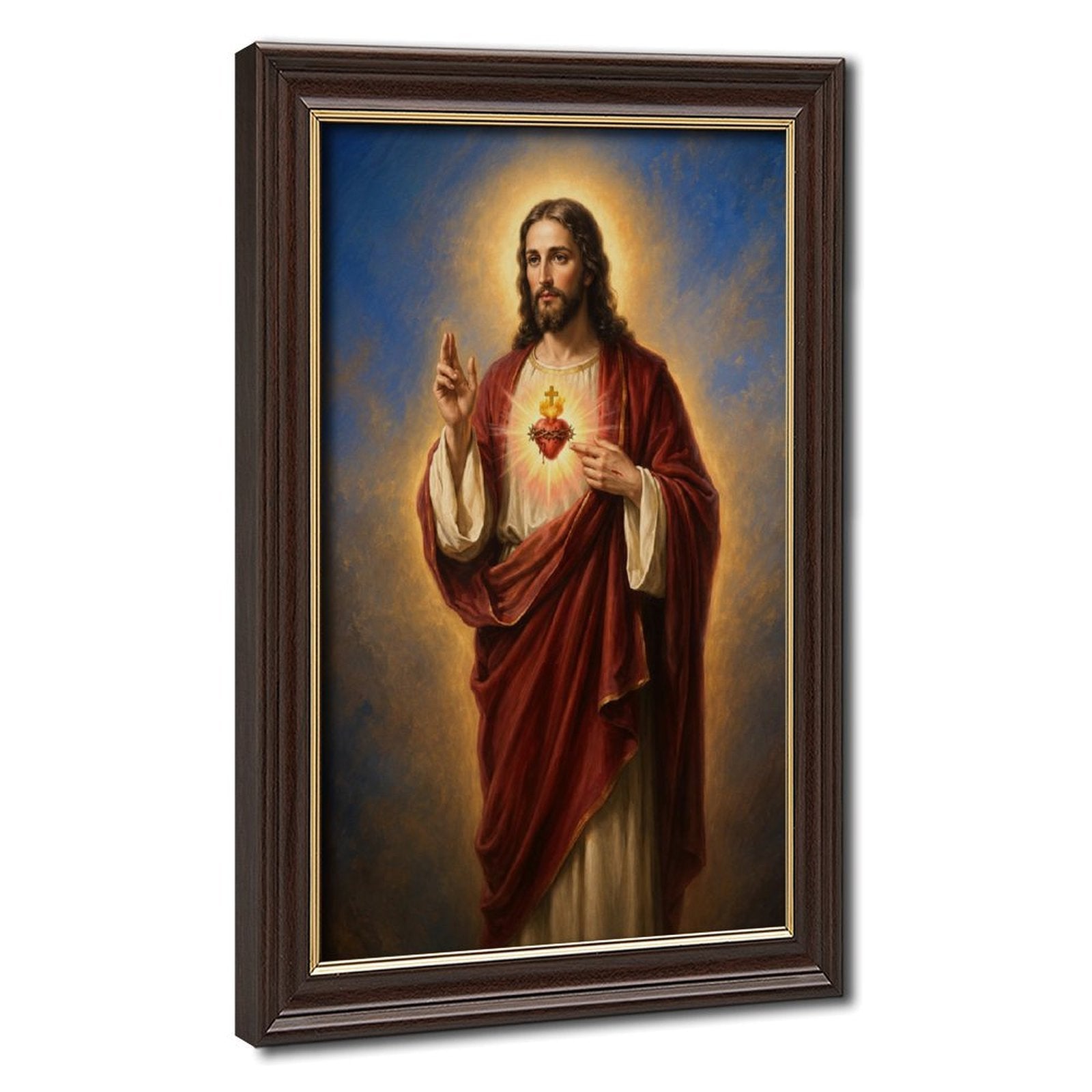 haloed sacred figure displaying a radiant heart symbol in red, cream, gold tones — Wood Grain Gold Frame HERO