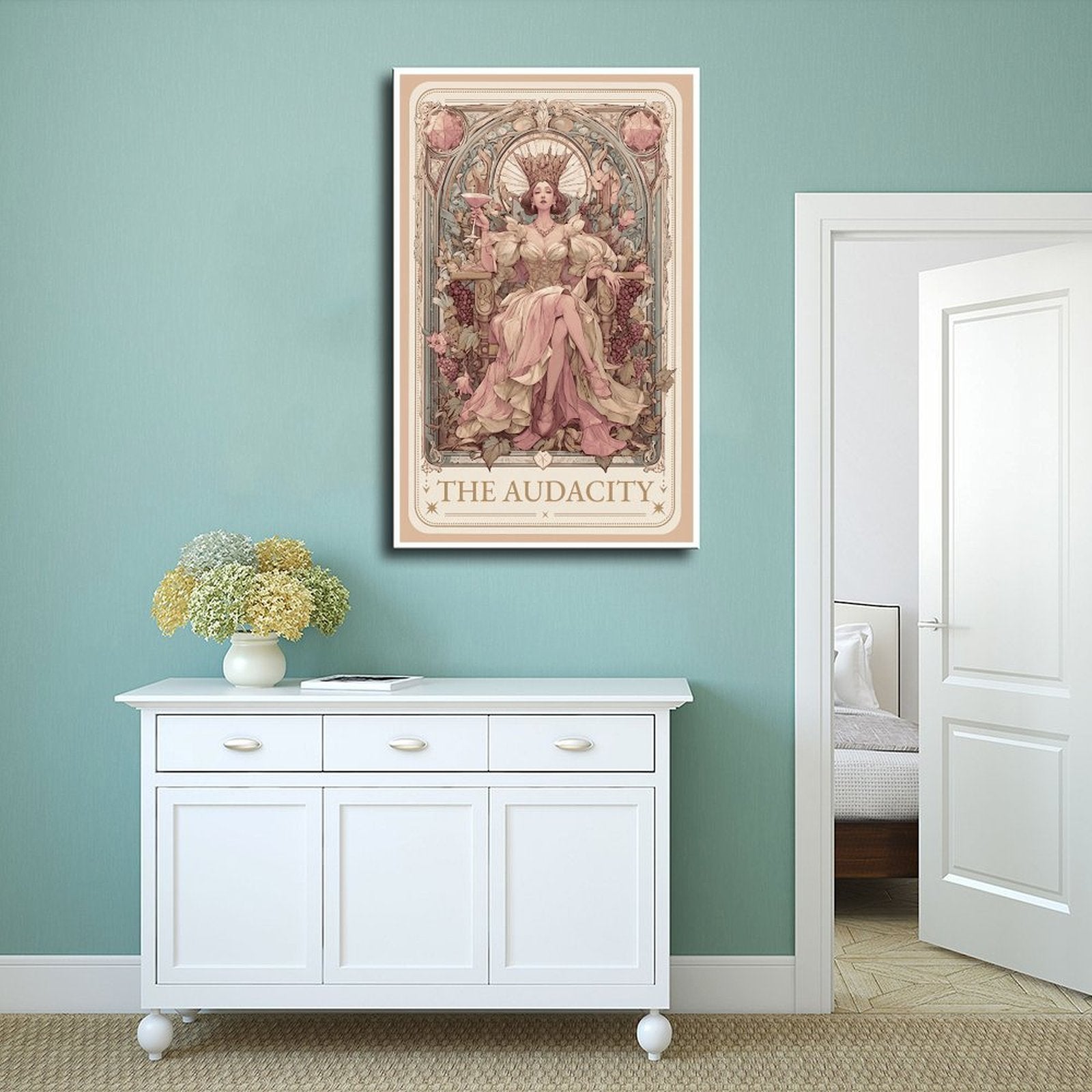 ornate crowned woman seated on a throne in art nouveau-inspired illustration style — Wrapped Canvas SCENE_02
