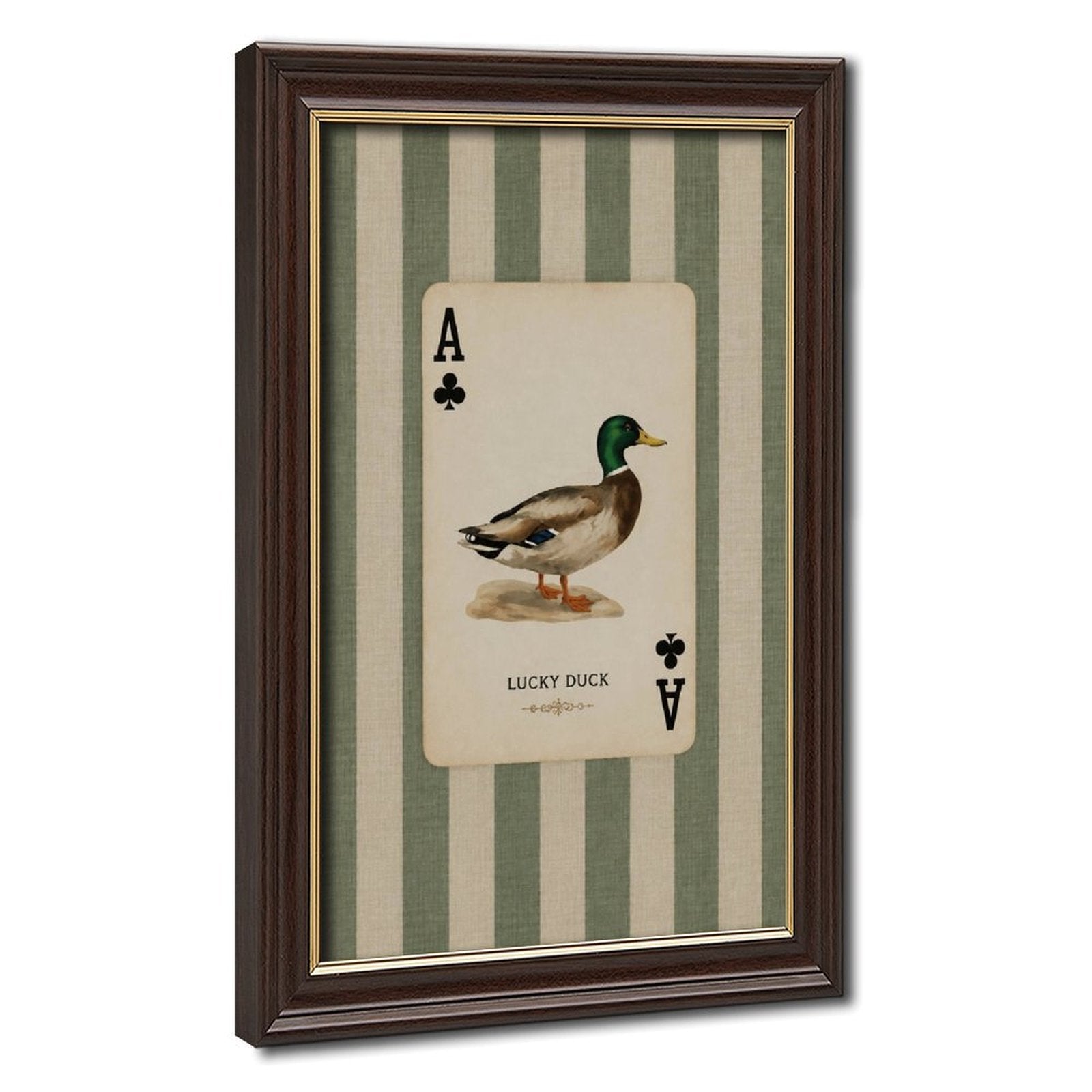 mallard duck illustrated as an ace playing card in sage green, cream, black tones — Wood Grain Gold Frame HERO