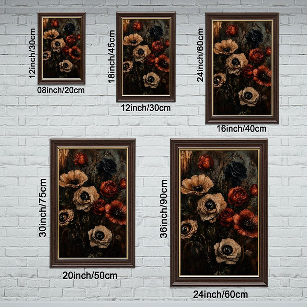 dark floral bouquet with realistic eyes in flower centers in black, deep red, taupe tones — Wood Grain Gold Frame SIZE_GUIDE
