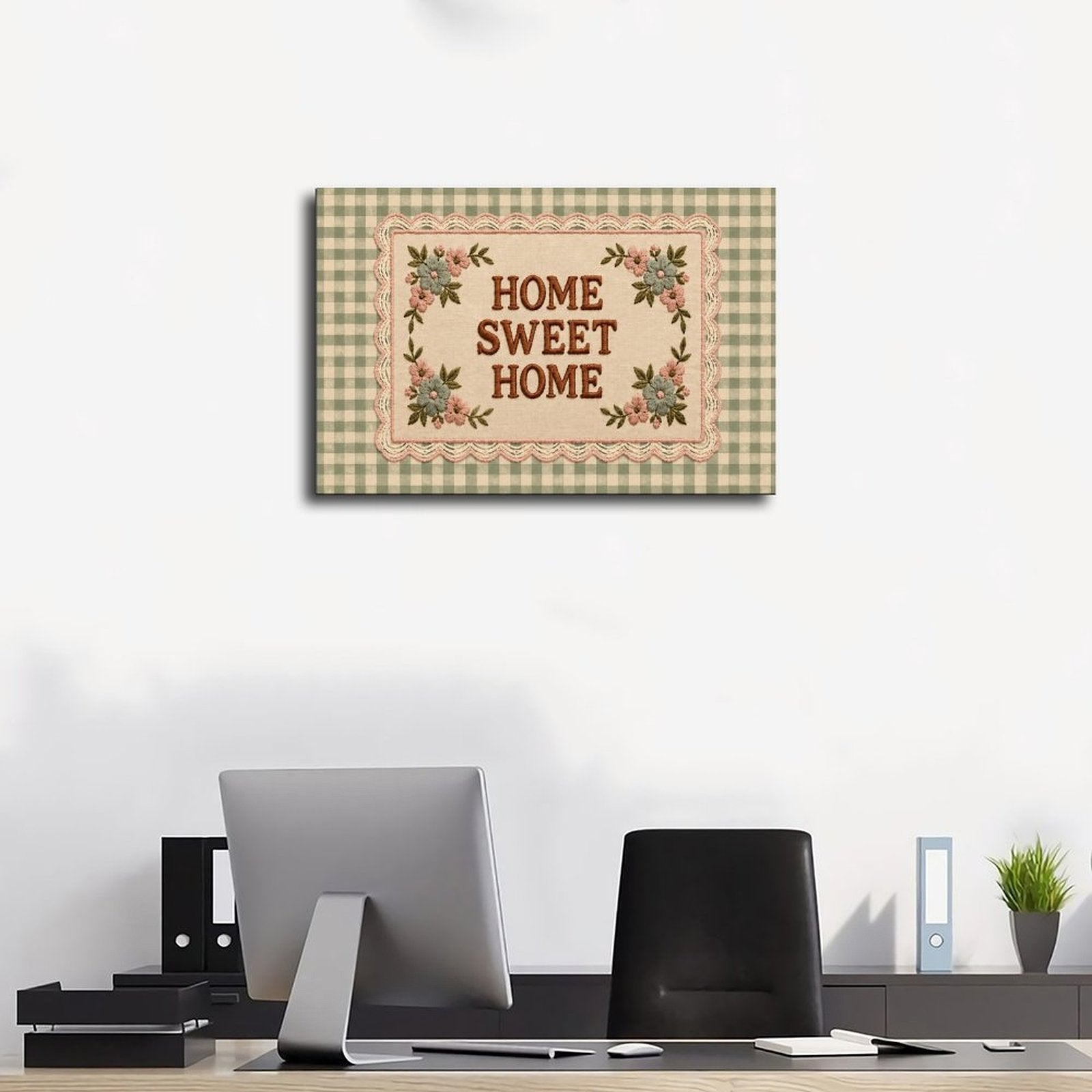 floral sampler typography on green gingham in sage green, cream, dusty pink tones — Wrapped Canvas SCENE_01