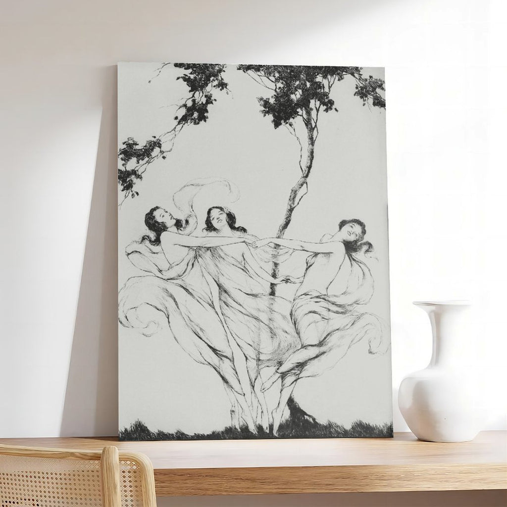 classical human figures beneath trees in classical line art style — Wrapped Canvas SCENE_05