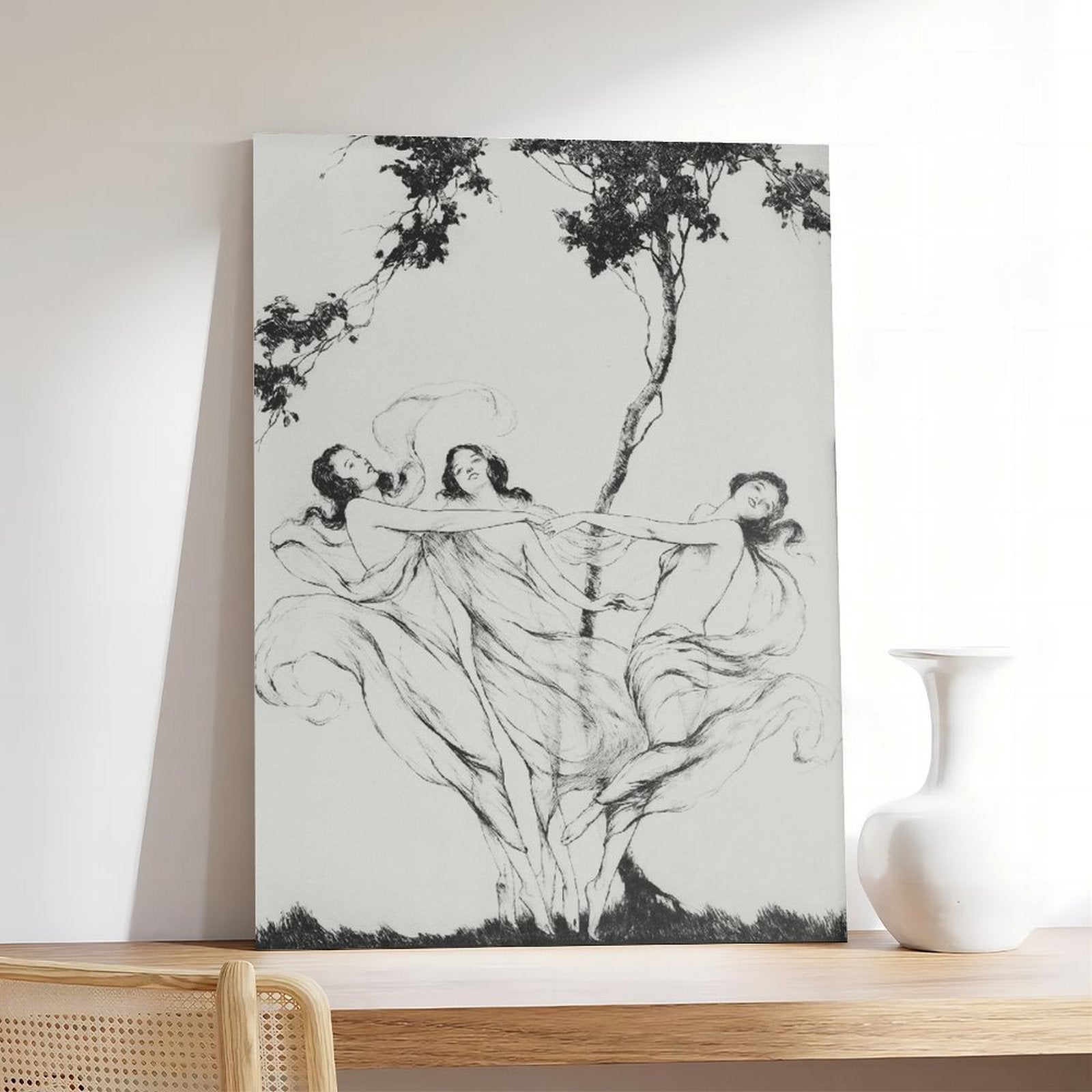 classical human figures beneath trees in classical line art style — Wrapped Canvas SCENE_05