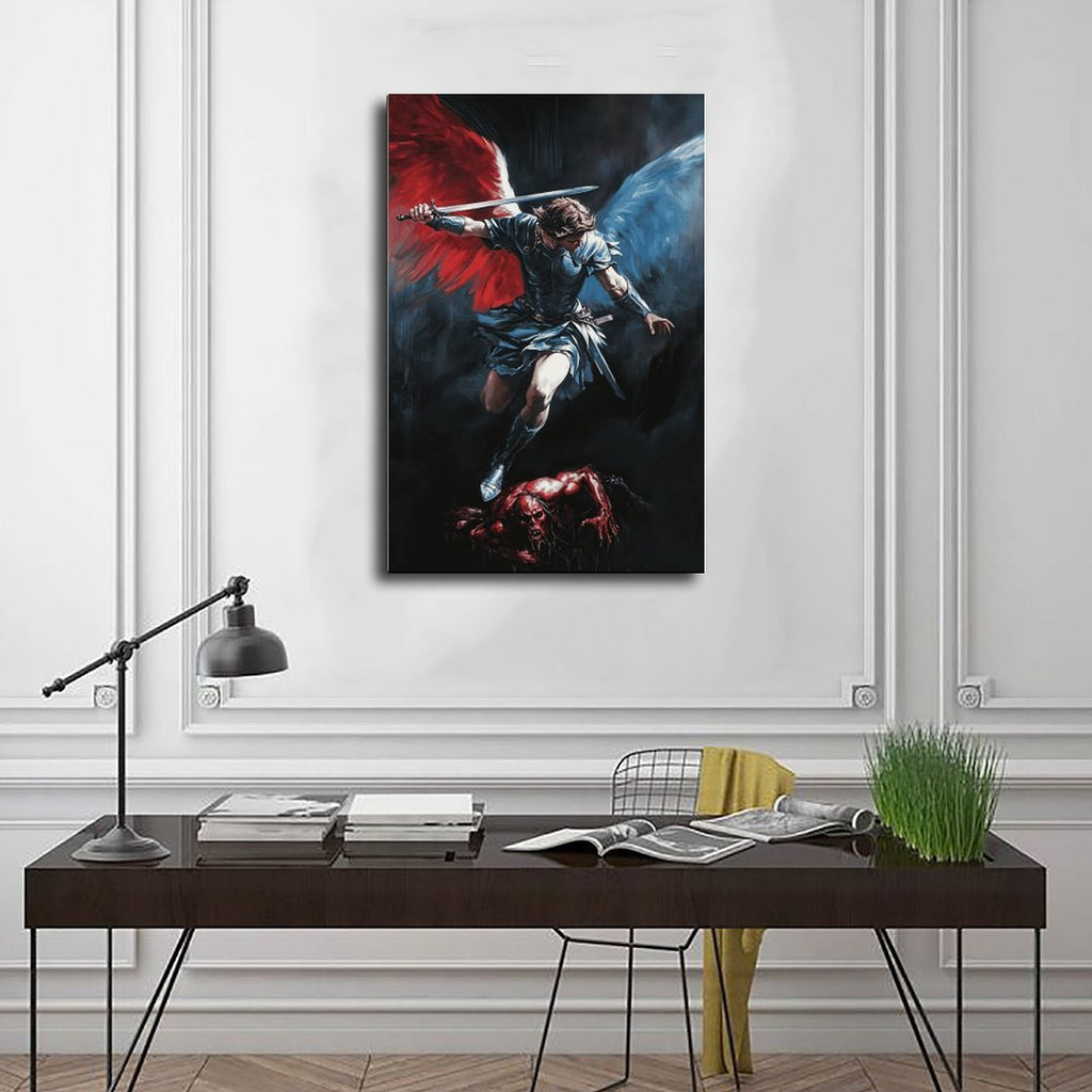 winged archangel warrior battling a red dragon in religious fantasy art style — Wrapped Canvas SCENE_01