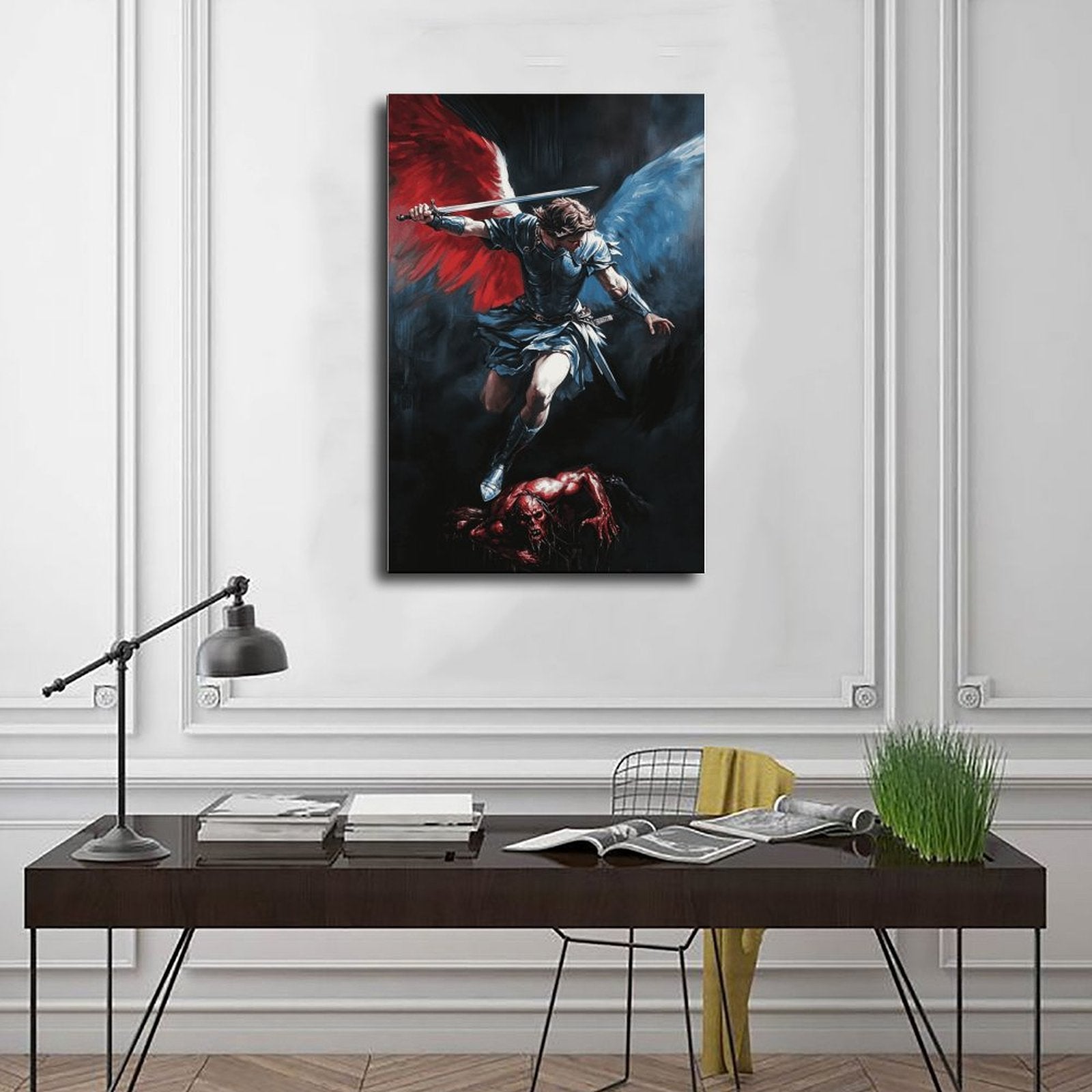winged archangel warrior battling a red dragon in religious fantasy art style — Wrapped Canvas SCENE_01