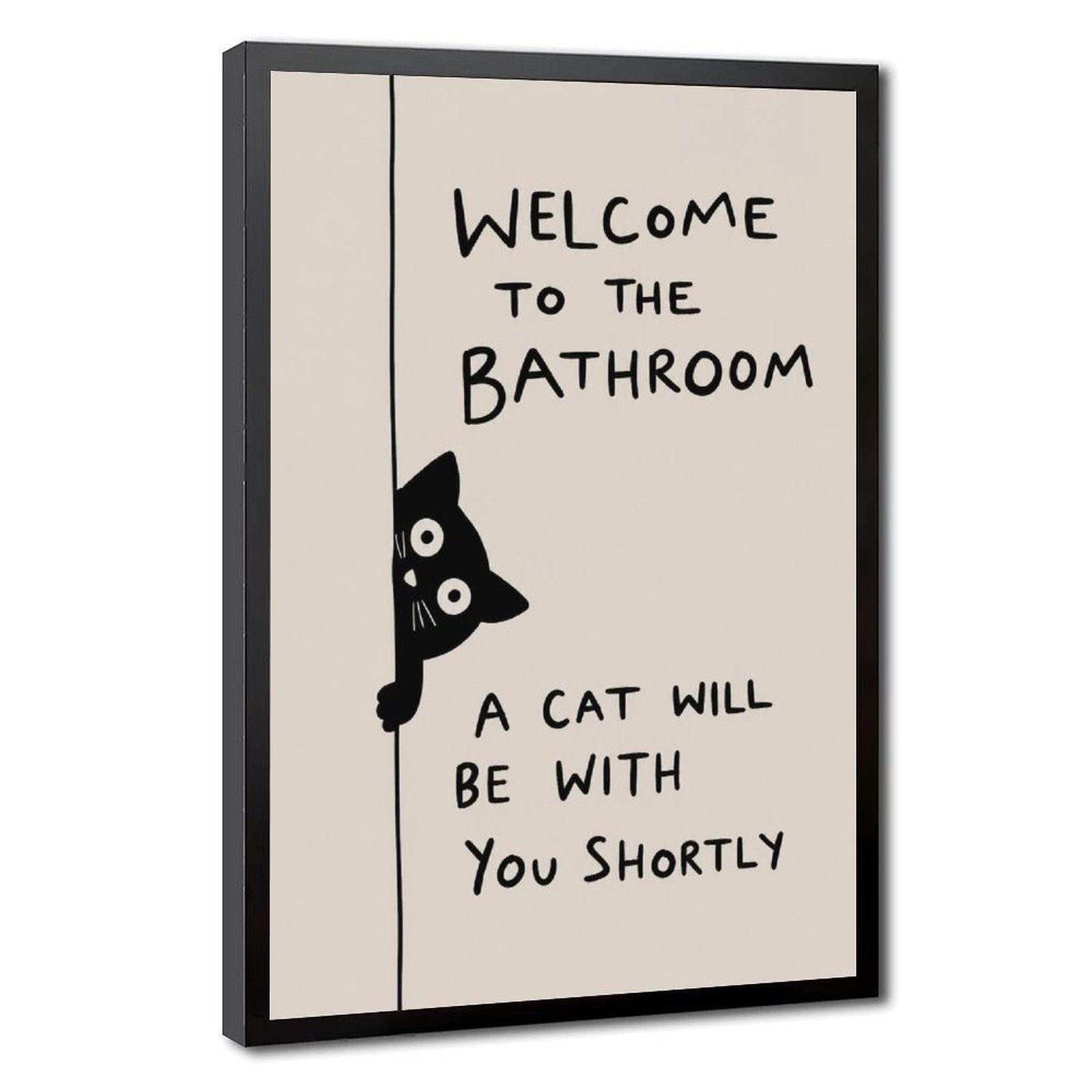 black cat peeking beside bathroom typography in black, cream tones — Black Frame HERO