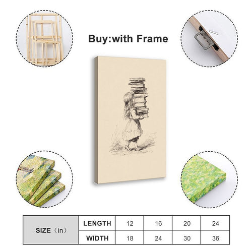small figure carrying a tall stack of books in black, warm cream tones — Wrapped Canvas SIZE_GUIDE