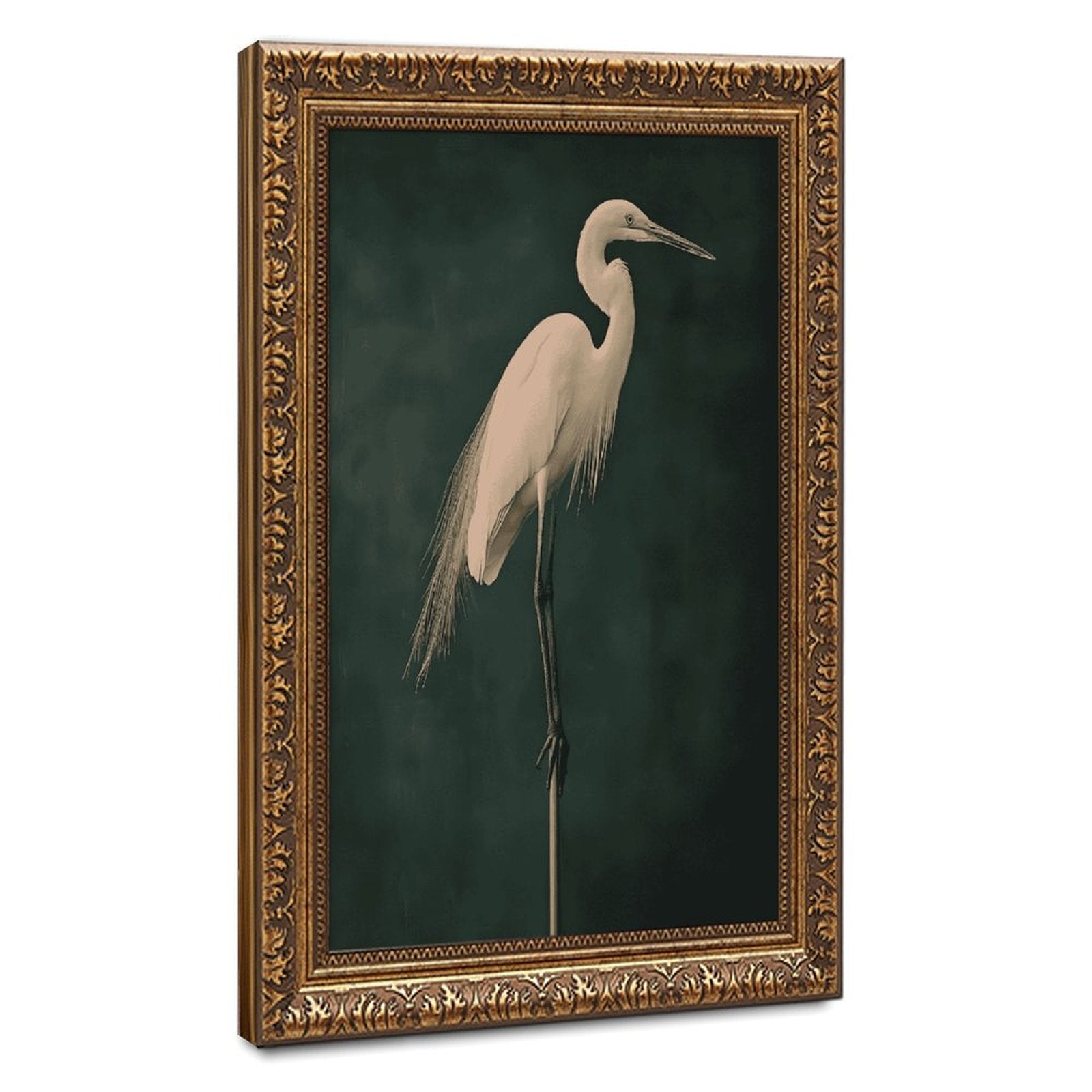 white heron standing against a deep green background in minimalist animal art style — Vintage Gold Frame HERO