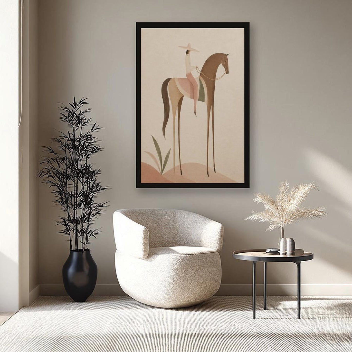 Soft Blush Long Horse canvas wall art featuring a graceful long-limbed horse in soft blush pink, warm beige, muted cream tones, displayed in the Solid Wood Black Frame style