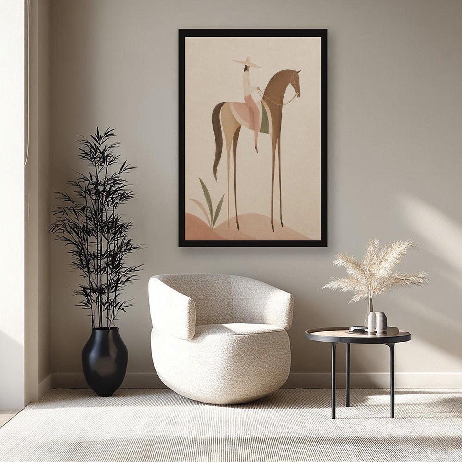 Soft Blush Long Horse canvas wall art featuring a graceful long-limbed horse in soft blush pink, warm beige, muted cream tones, displayed in the Solid Wood Black Frame style