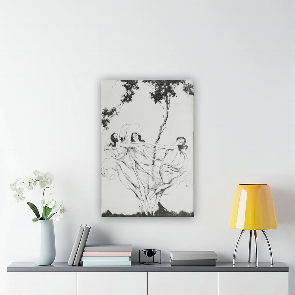 classical human figures beneath trees in classical line art style — Wrapped Canvas SCENE_04