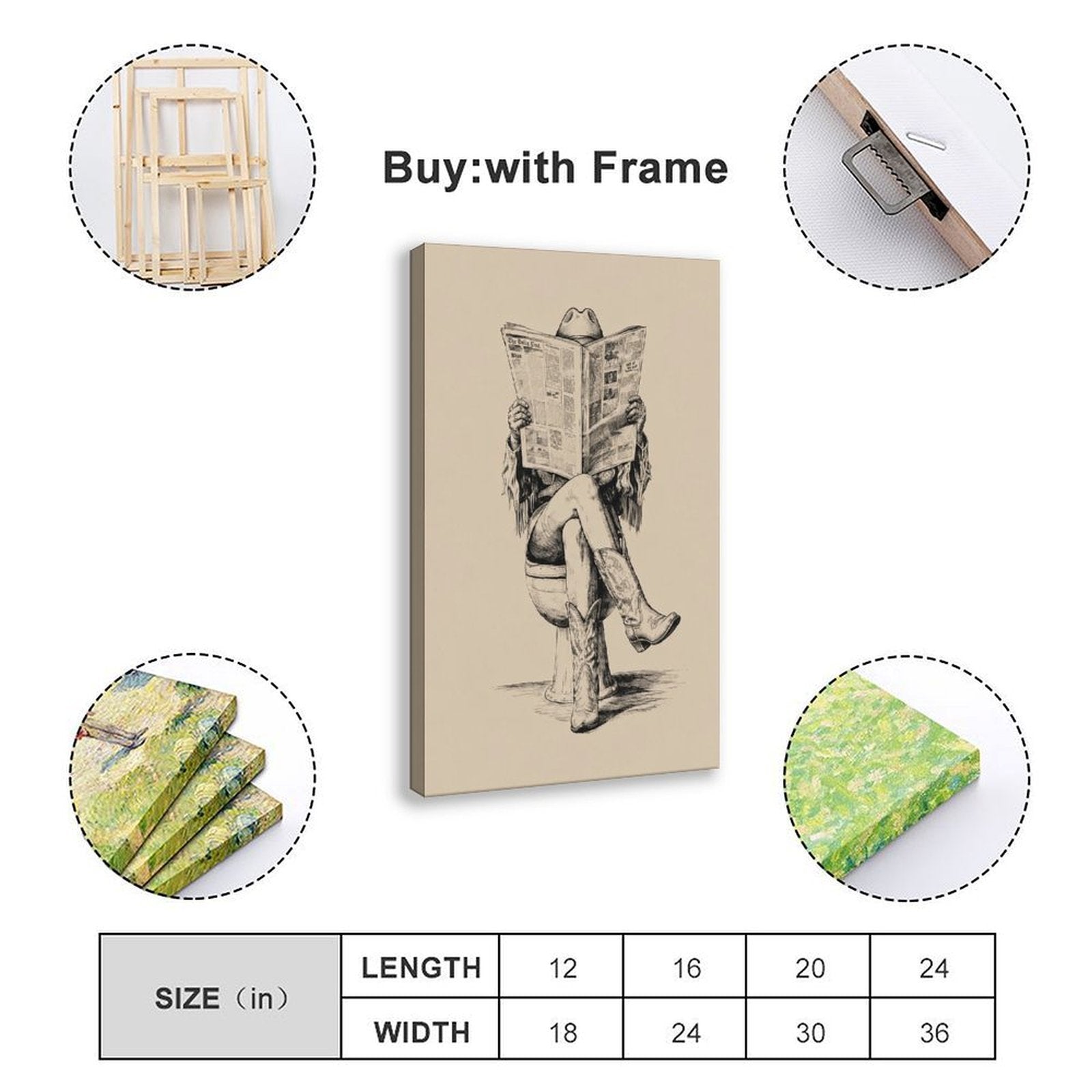 cowboy seated on a toilet reading a newspaper in black, warm cream tones — Wrapped Canvas SIZE_GUIDE