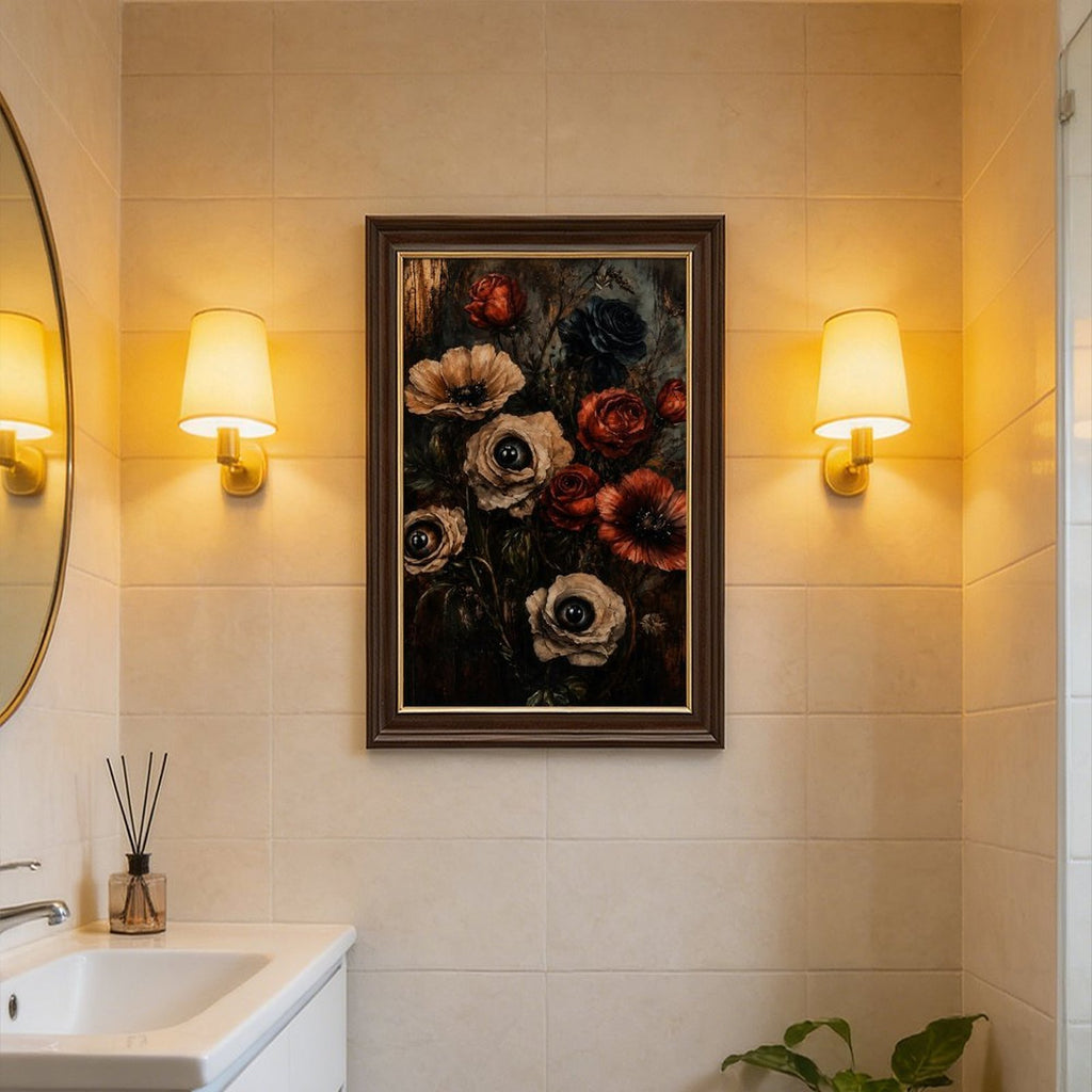 dark floral bouquet with realistic eyes in flower centers in black, deep red, taupe tones — Wood Grain Gold Frame SCENE_05