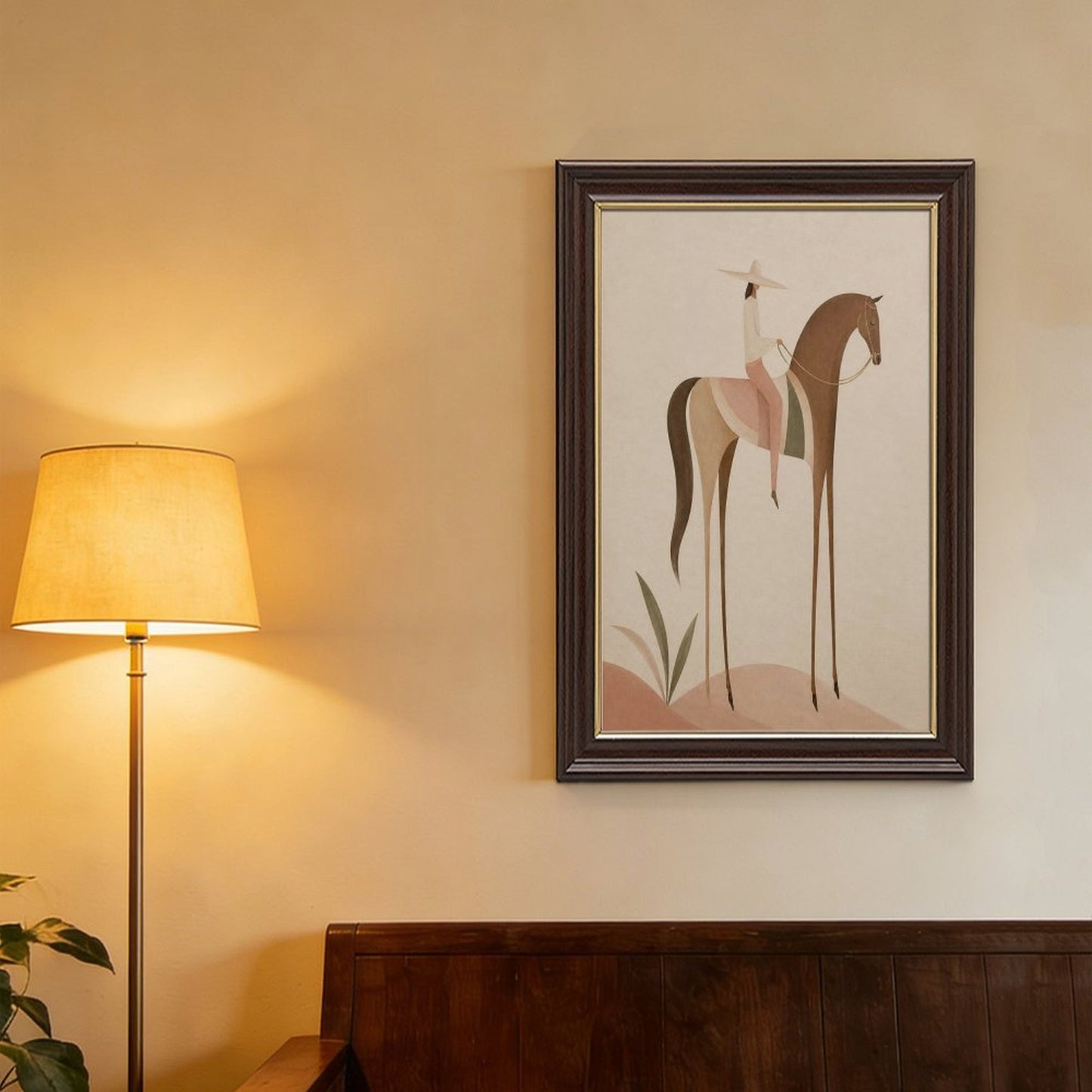 Soft Blush Long Horse canvas wall art featuring a graceful long-limbed horse in soft blush pink, warm beige, muted cream tones, displayed in the Wood Grain Gold Frame style