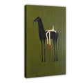 Stylized black horse with an elongated seated rider on an olive green background — Wrapped Canvas HERO