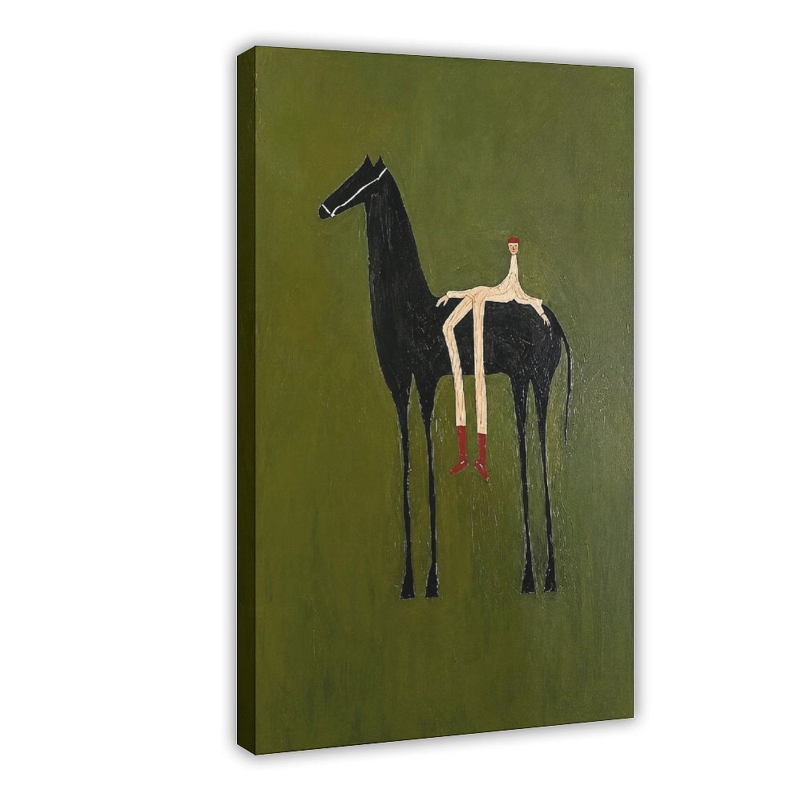 Stylized black horse with an elongated seated rider on an olive green background — Wrapped Canvas HERO