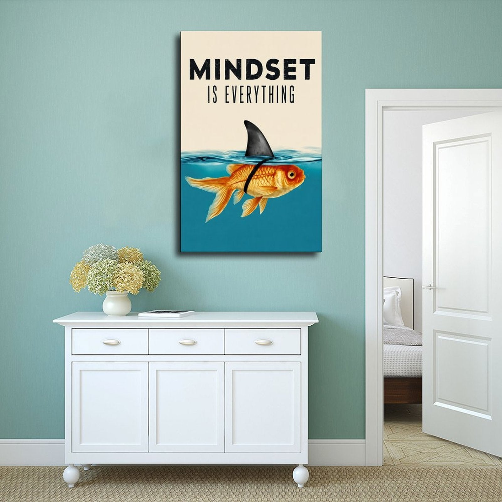 goldfish wearing a shark-fin disguise beneath motivational typography in teal blue, gold orange, cream tones — Wrapped Canvas SCENE_02