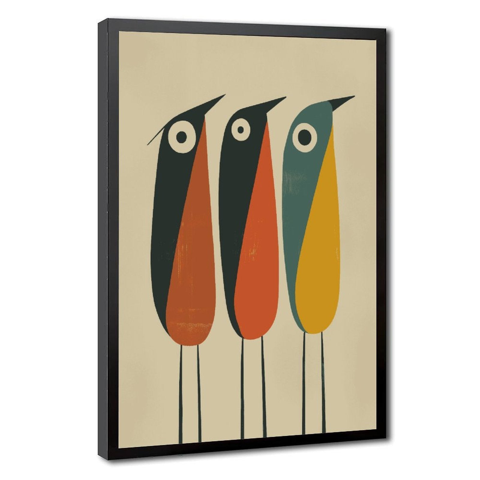 three stylized long-beaked birds in geometric illustration style — Black Frame HERO