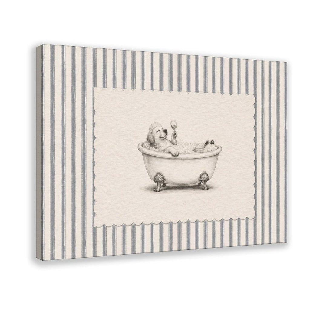 small dog sitting in a clawfoot bathtub in brown, cream, gray tones — Wrapped Canvas HERO