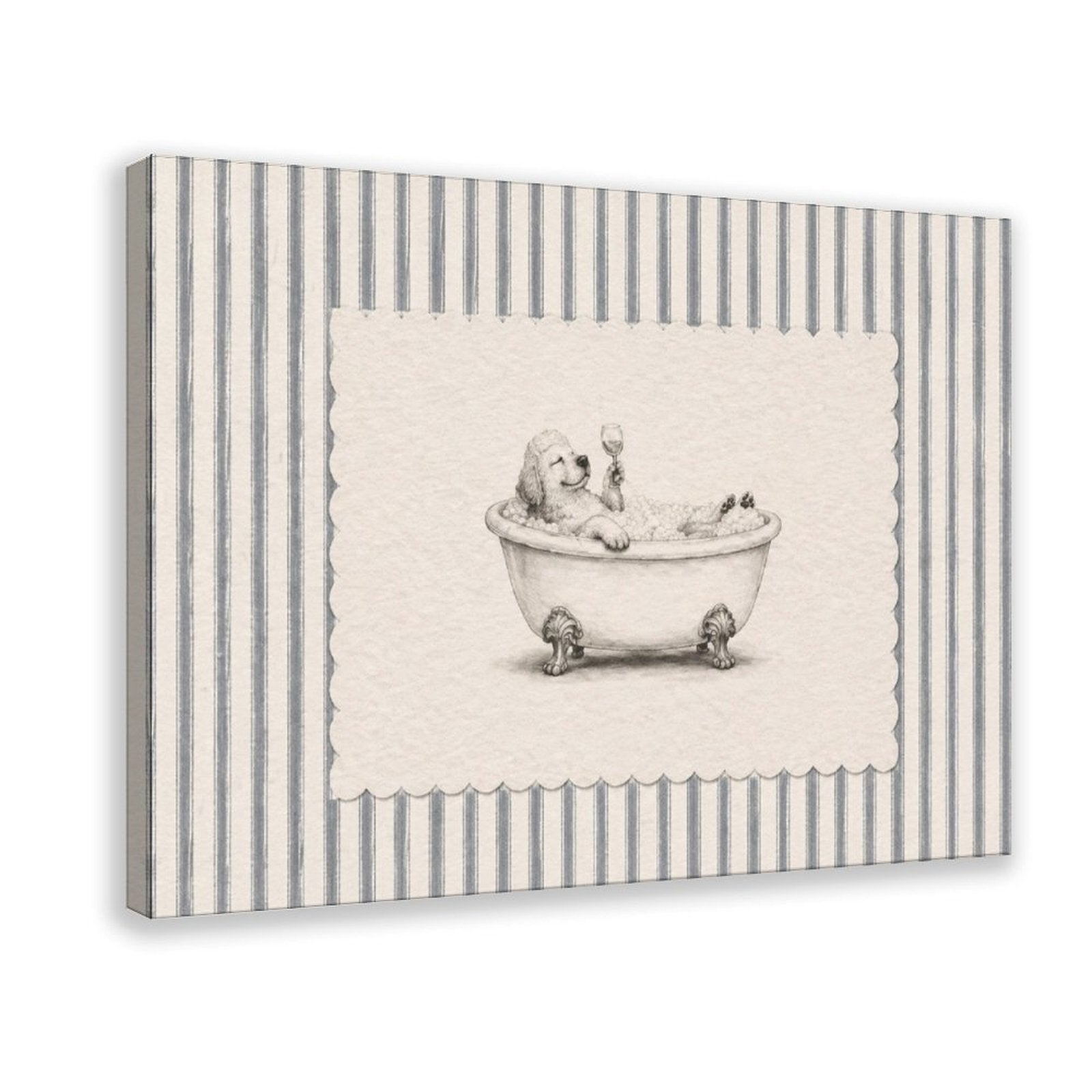 small dog sitting in a clawfoot bathtub in brown, cream, gray tones — Wrapped Canvas HERO