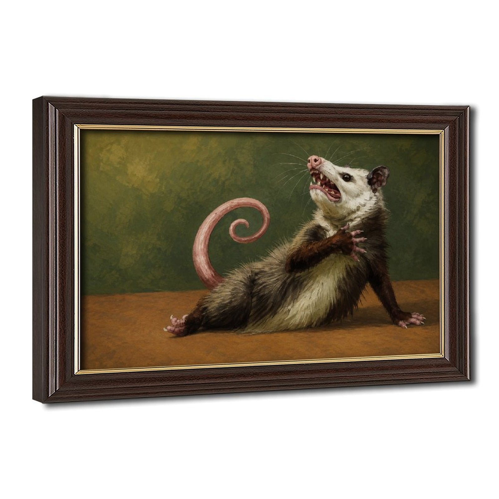 hissing opossum with a curled pink tail in olive green, brown, cream tones — Wood Grain Gold Frame HERO