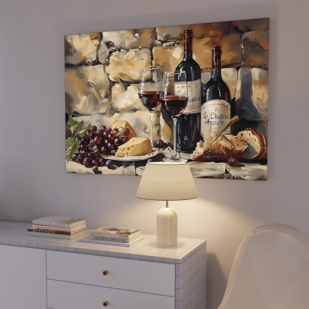wine bottles, glasses, grapes, cheese, and bread in painterly still life style — Wrapped Canvas SCENE_05