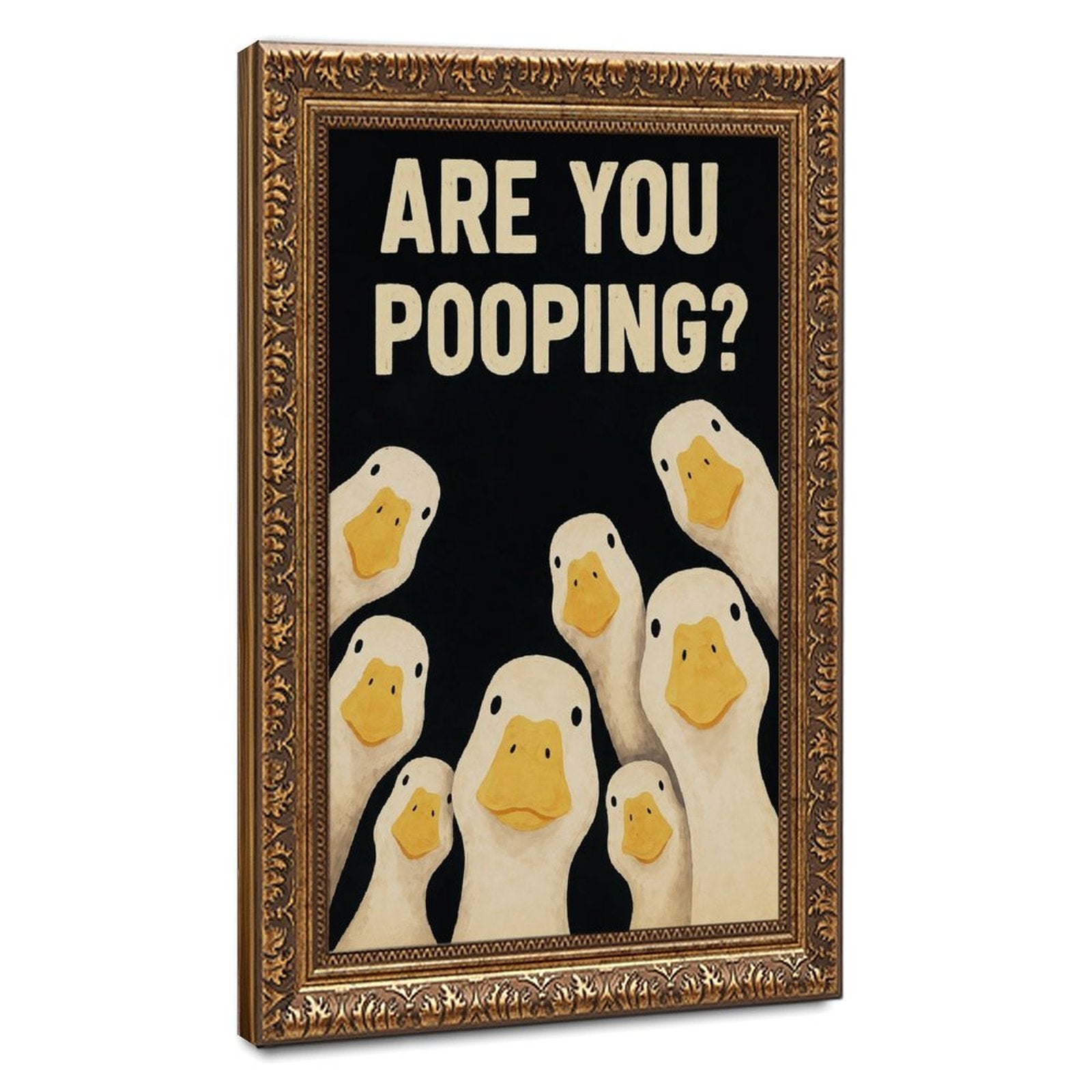 group of white ducks beneath bold bathroom typography in black, cream, yellow tones — Vintage Gold Frame HERO