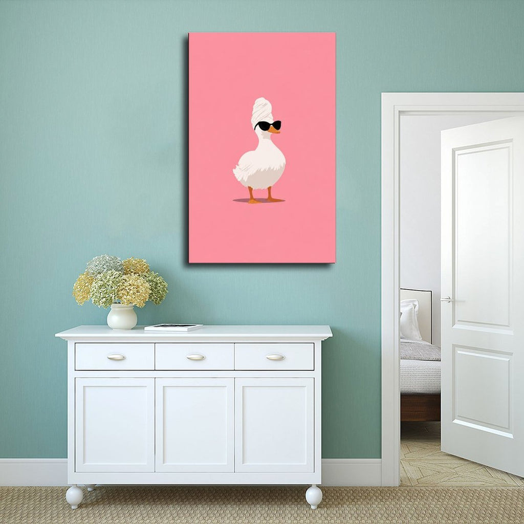 white duck wearing a towel turban and black sunglasses in pink, white, black tones — Wrapped Canvas SCENE_02
