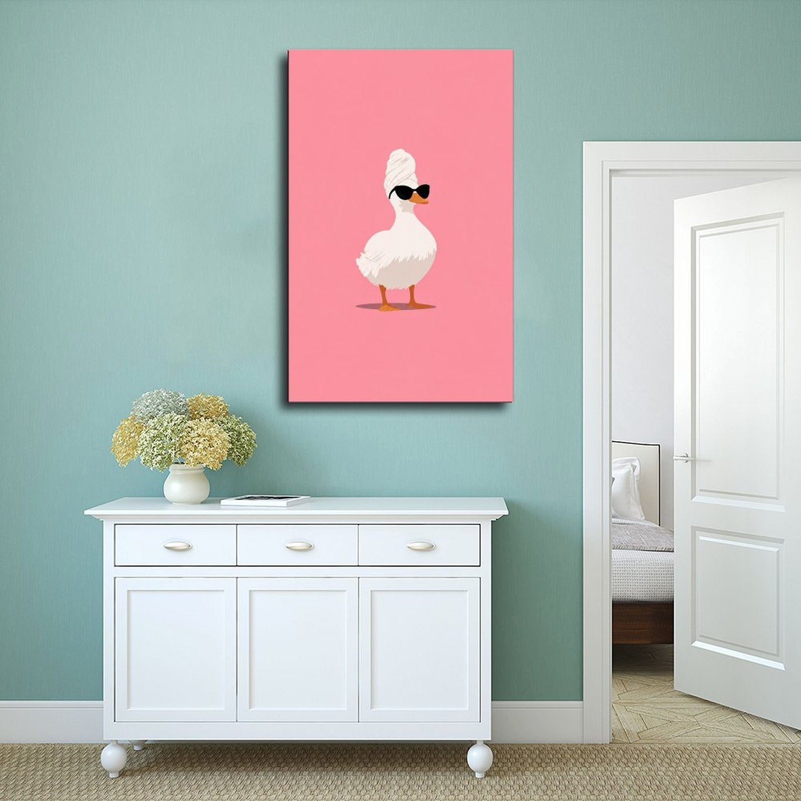 white duck wearing a towel turban and black sunglasses in pink, white, black tones — Wrapped Canvas SCENE_02