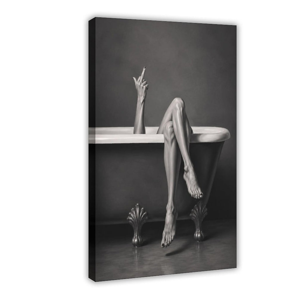 Black-and-white artwork of a clawfoot bathtub with crossed legs and a raised defiant hand gesture — Wrapped Canvas HERO