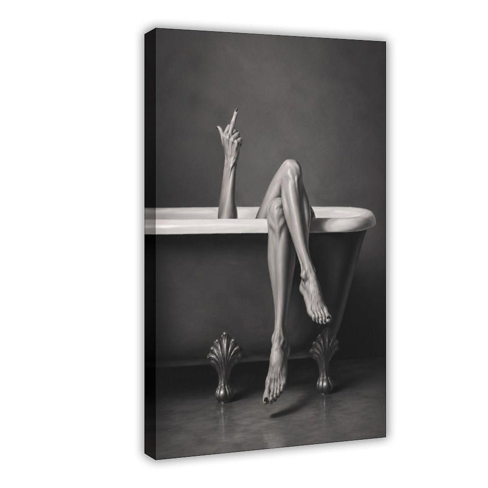 Black-and-white artwork of a clawfoot bathtub with crossed legs and a raised defiant hand gesture — Wrapped Canvas HERO
