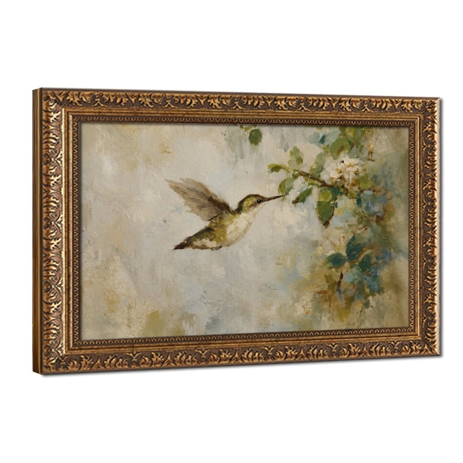 hummingbird hovering beside pale blossoms in cream, sage green, soft blue tones — Vintage Gold Frame HERO