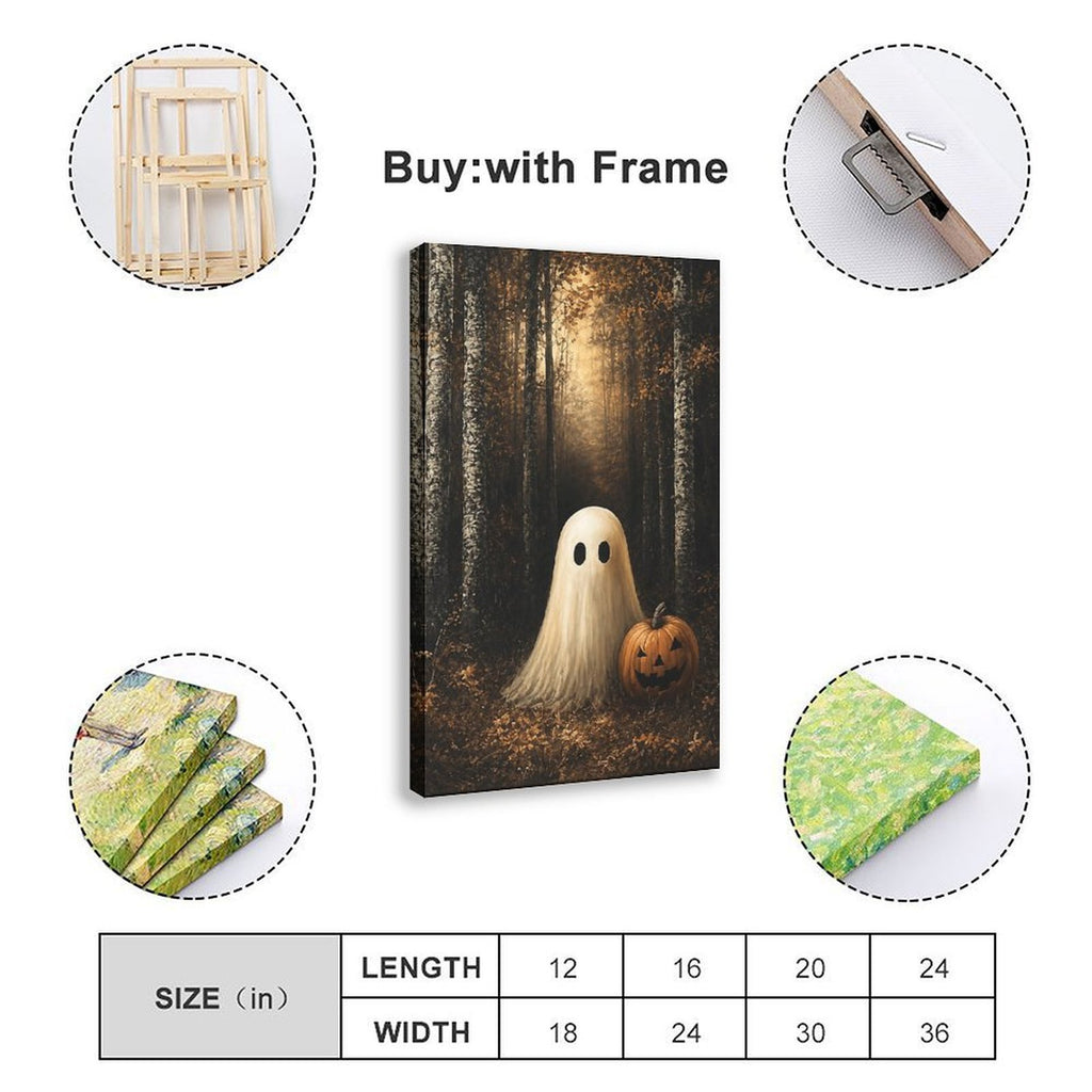 sheet ghost beside a carved pumpkin in an autumn forest in black, amber, cream tones — Wrapped Canvas SIZE_GUIDE