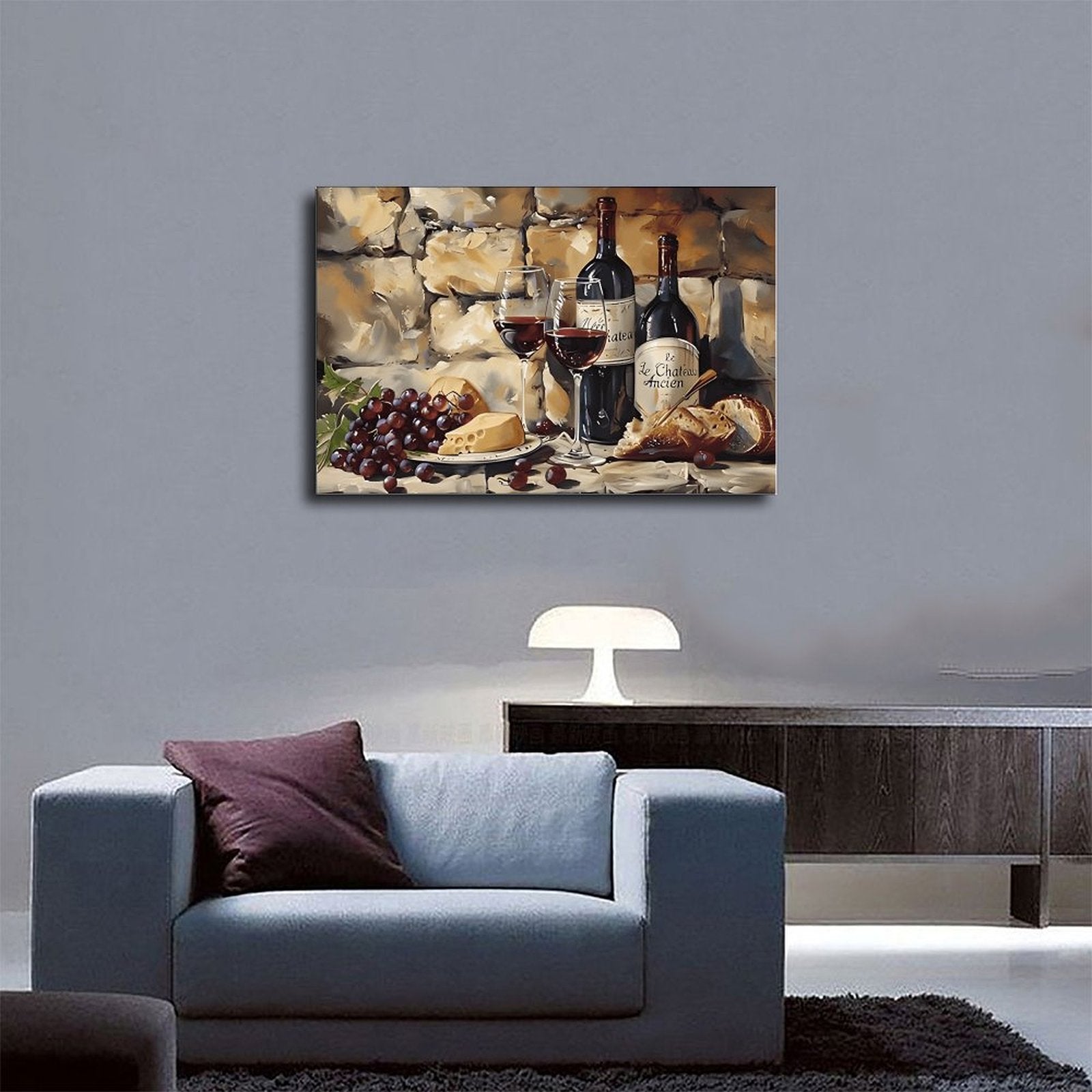 wine bottles, glasses, grapes, cheese, and bread in painterly still life style — Wrapped Canvas SCENE_03